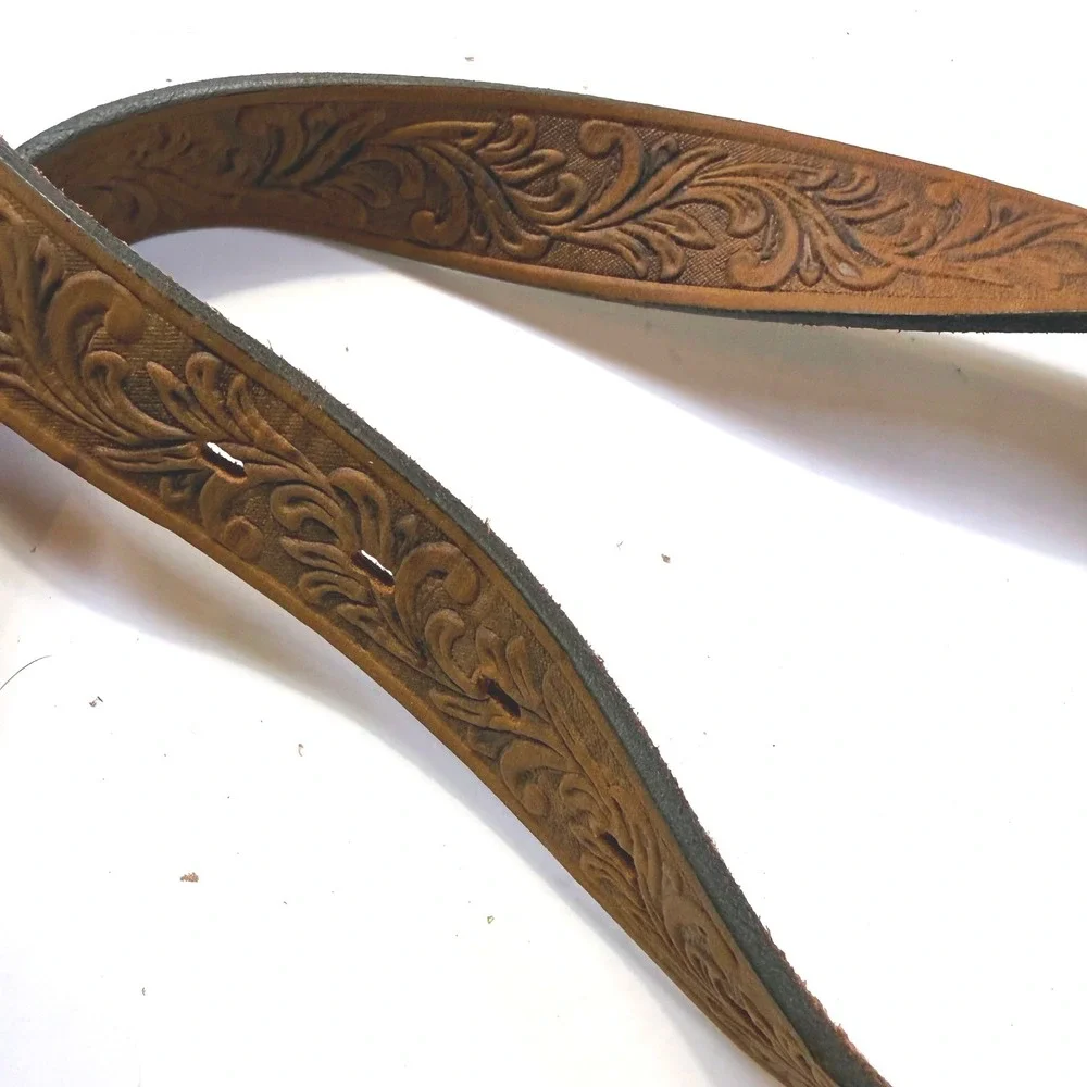 Justin Brown Tooled Leather Western Belt Strap Floral Made in USA C30219 Size 26